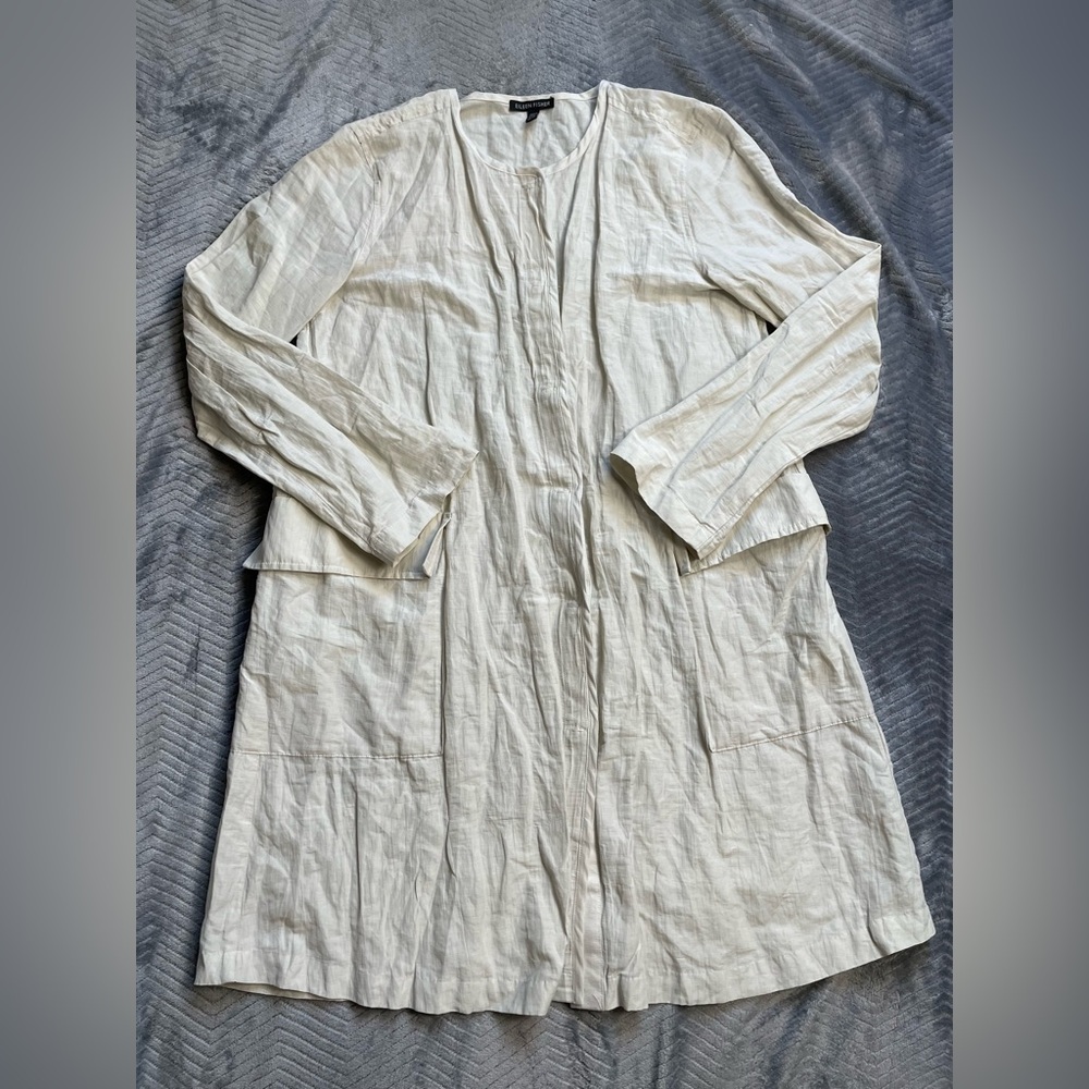 Eileen Fisher Rumpled Organic‎ Cotton Steel Round Neck Lightweight Jacket